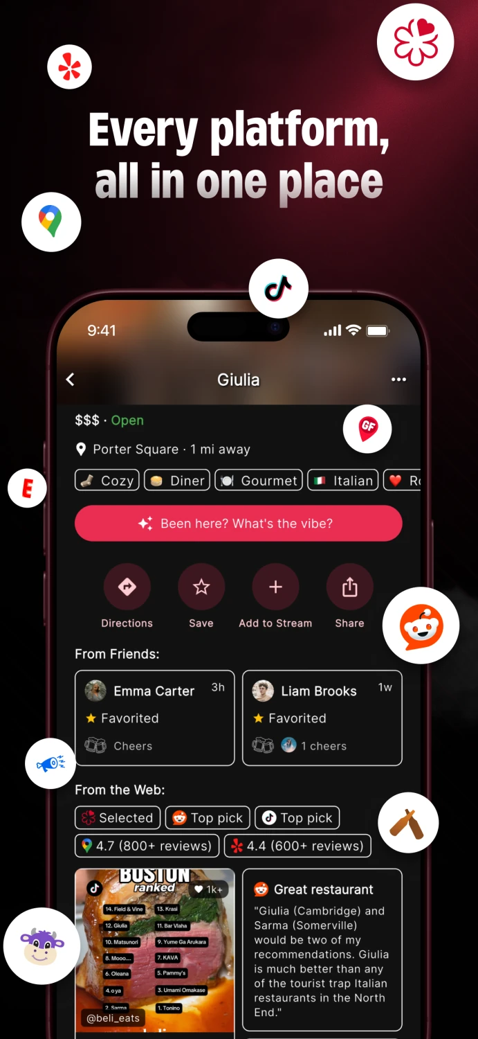 Every platform in one place — Giulia place detail with reviews from TikTok, Google, Yelp, and more