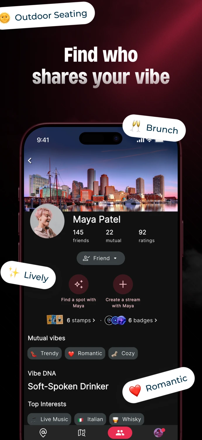 Find who shares your vibe — friend profile with mutual vibes and Vibe DNA