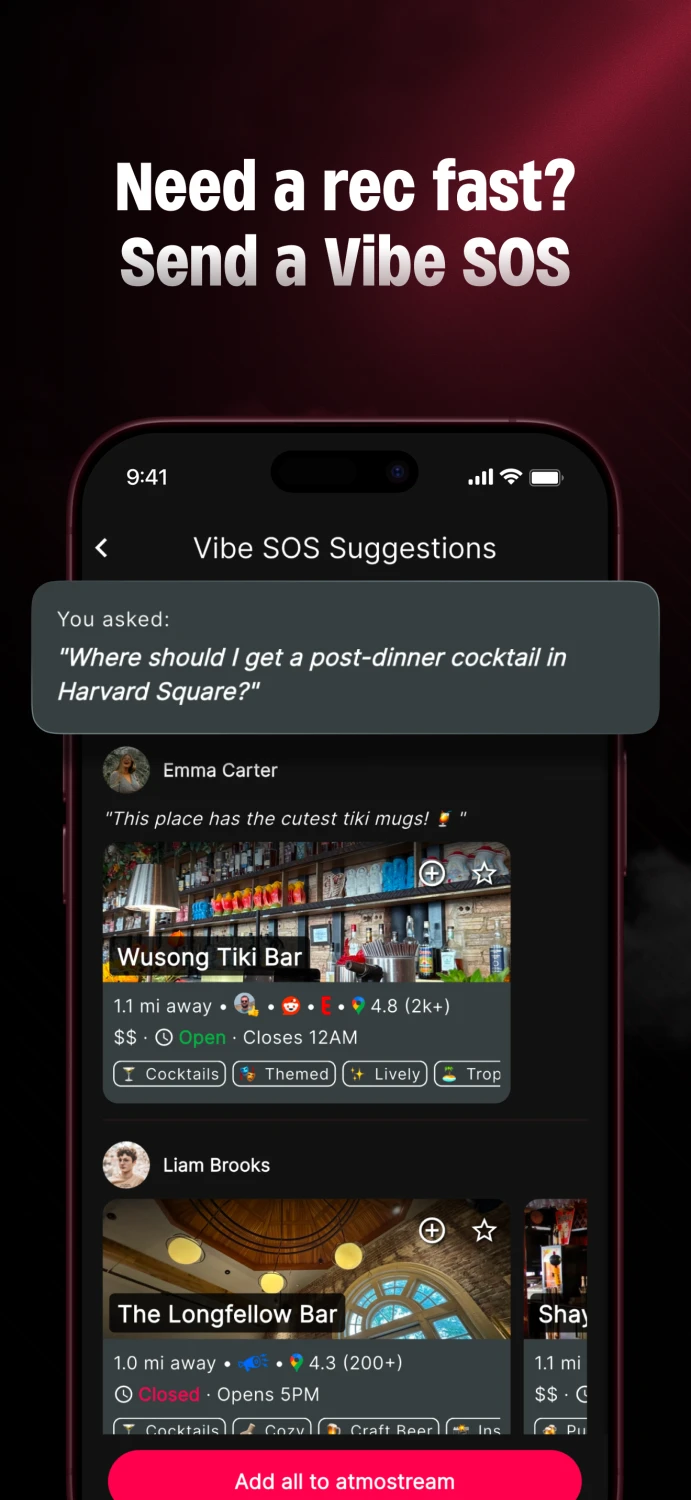 Need a rec fast? Send a Vibe SOS and get friend-powered suggestions