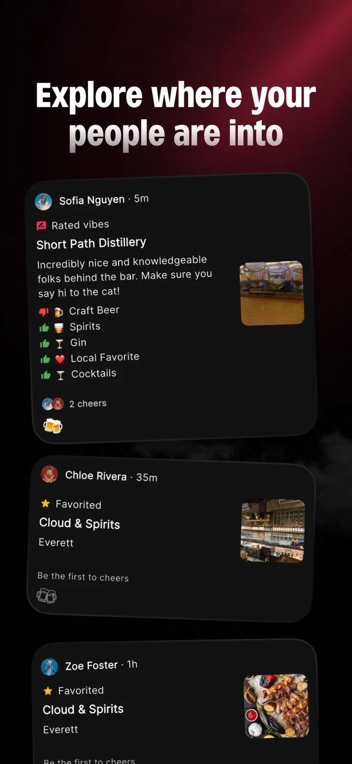 Explore where your people are into — social feed with friend ratings and favorites